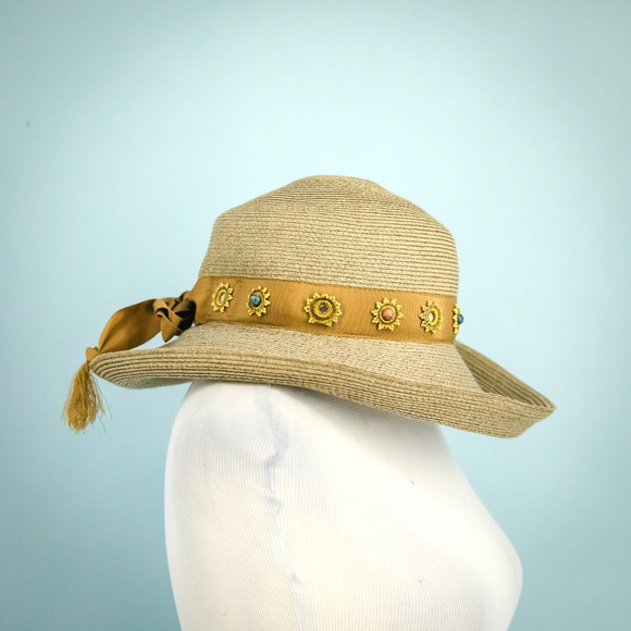 Eric Javits Tan Beige Ribbon Sequin Detail Squishee Packable Straw Sun Hat - Picture 2 of 6